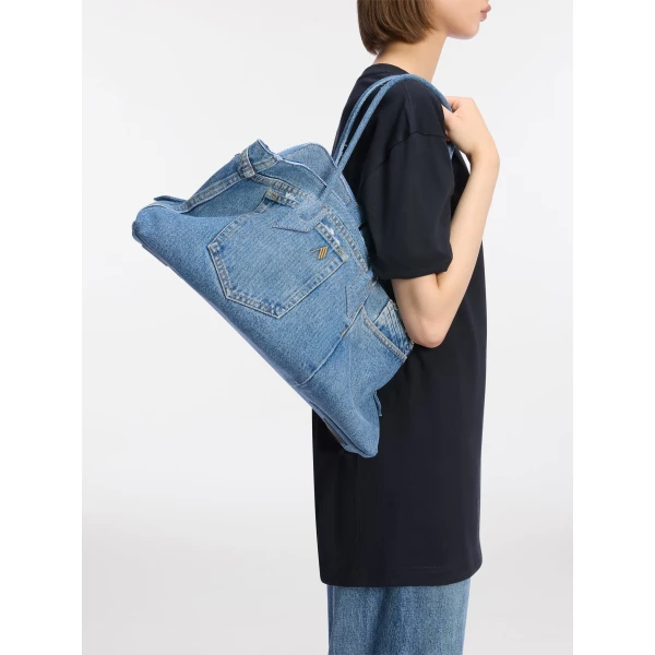 The Attico La Passeggiata Medium x The Ex Top Handle Bag in Light Blue Denim | Totes & Top-Handle Bags | Coveti