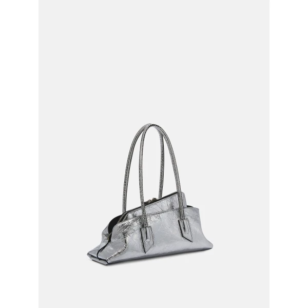 The Attico La Passeggiata Small Top Handle Bag in Silver Crackled Leather | Totes & Top-Handle Bags | Coveti