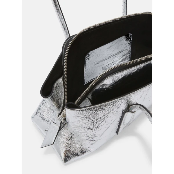 The Attico La Passeggiata Small Top Handle Bag in Silver Crackled Leather | Totes & Top-Handle Bags | Coveti
