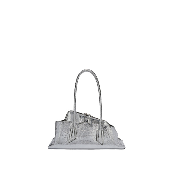 The Attico La Passeggiata Small Top Handle Bag in Silver Crackled Leather | Totes & Top-Handle Bags | Coveti
