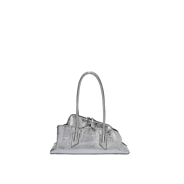 The Attico La Passeggiata Small Top Handle Bag in Silver Crackled Leather | Totes & Top-Handle Bags | Coveti