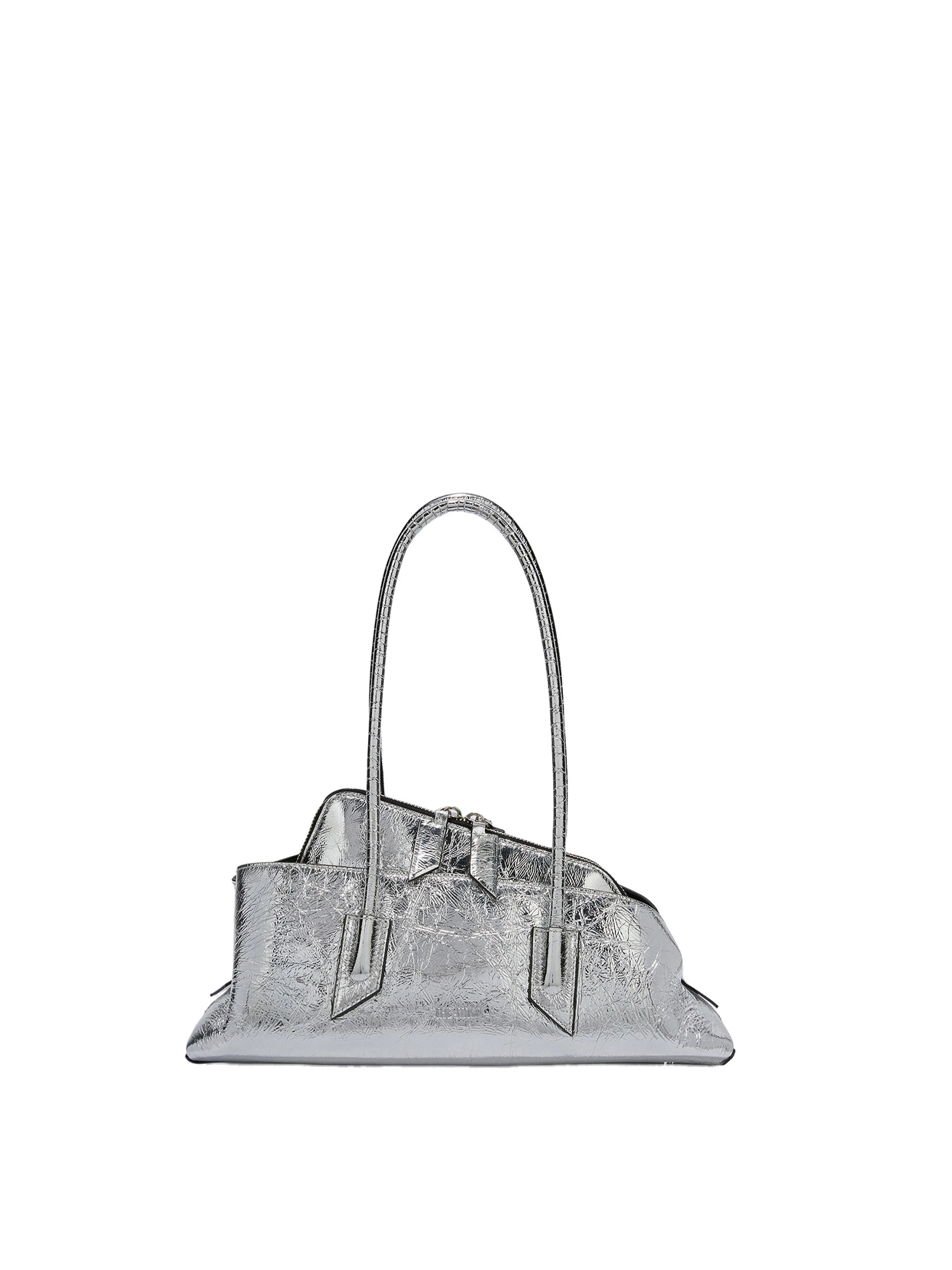 The Attico La Passeggiata Small Top Handle Bag in Silver Crackled Leather The Attico La Passeggiata Small Top Handle Bag in Silver Crackled Leather | Totes & Top-Handle Bags | Coveti
