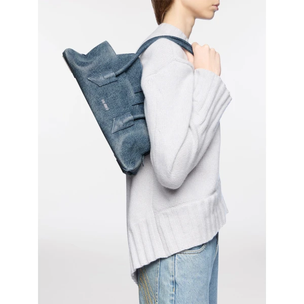 The Attico La Passeggiata Small Top Handle Bag in Washed Denim | Totes & Top-Handle Bags | Coveti