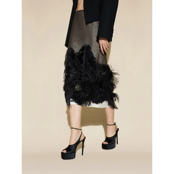 The Attico Ostrich Feather Midi Skirt in Black and Brown | Midi Skirts | Coveti