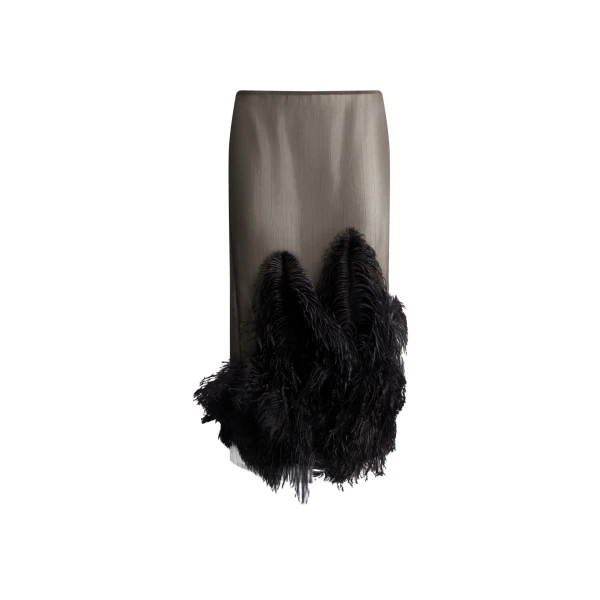 Ostrich Feather Midi Skirt in Black and Brown