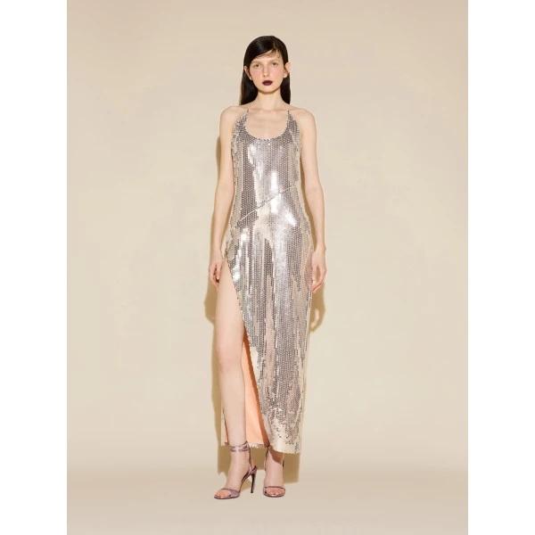 The Attico Sequin Halterneck Maxi Dress in Silver | Maxi Dresses | Coveti