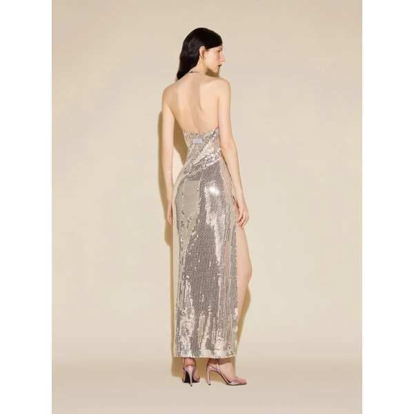 The Attico Sequin Halterneck Maxi Dress in Silver | Maxi Dresses | Coveti