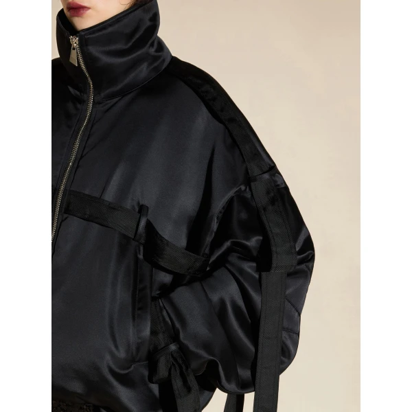 The Attico Strapped Satin Bomber Jacket in Black | Jackets | Coveti