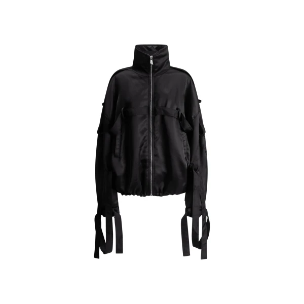 Strapped Satin Bomber Jacket in Black