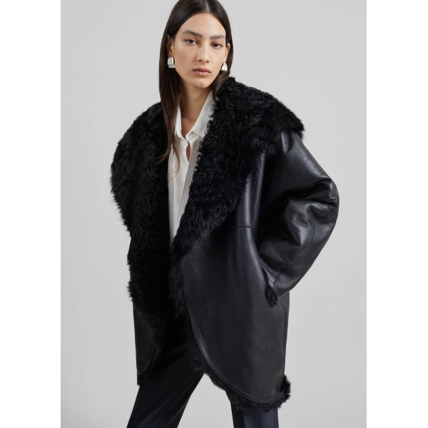 The Frankie Shop Ambra Shearling Hooded Short Coat in Black, view 2