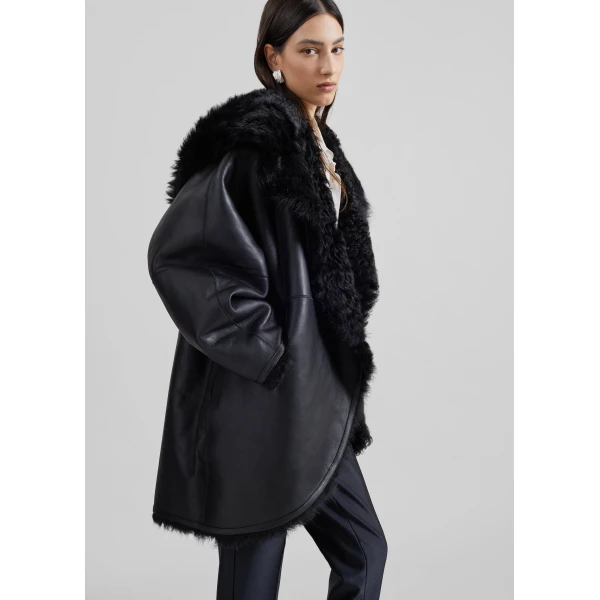 The Frankie Shop Ambra Shearling Hooded Short Coat in Black, view 5