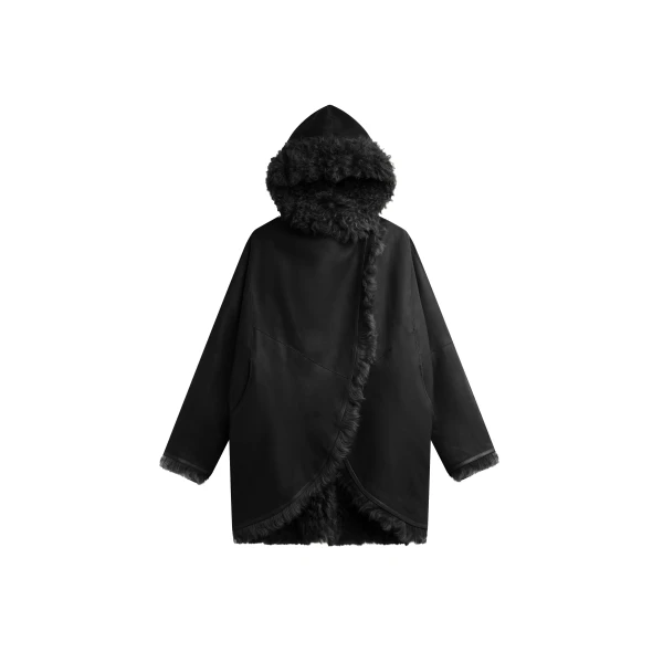 The Frankie Shop Ambra Shearling Hooded Short Coat in Black