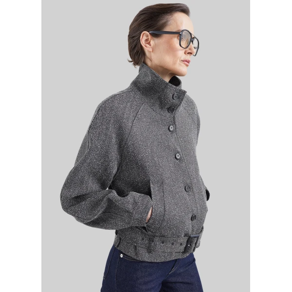 The Frankie Shop Aubin Herringbone Belted Jacket in Black Melange, view 3