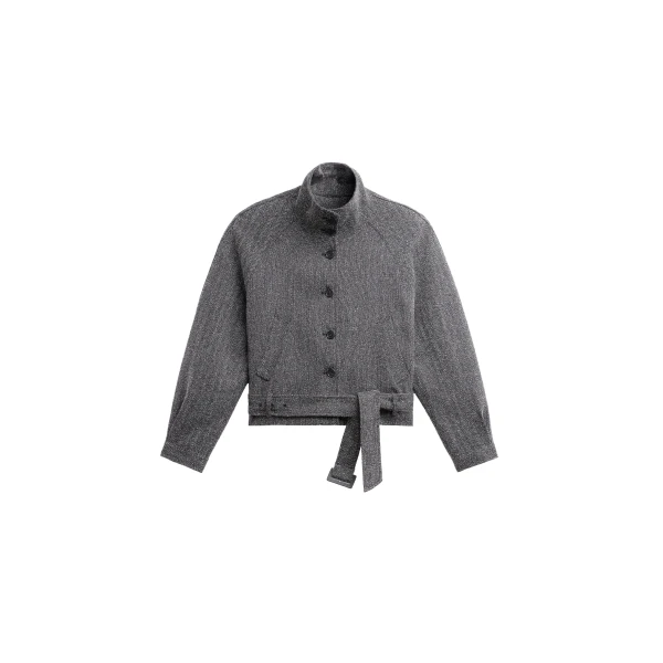 The Frankie Shop Aubin Herringbone Belted Jacket in Black Melange