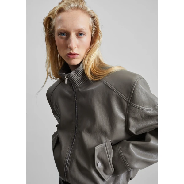 The Frankie Shop Belval Faux Leather Cropped Bomber Jacket in Grey, view 2