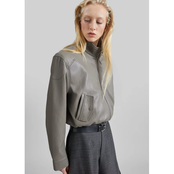 The Frankie Shop Belval Faux Leather Cropped Bomber Jacket in Grey, view 3
