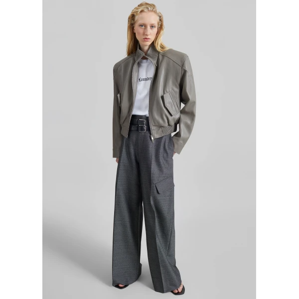 The Frankie Shop Belval Faux Leather Cropped Bomber Jacket in Grey, view 4
