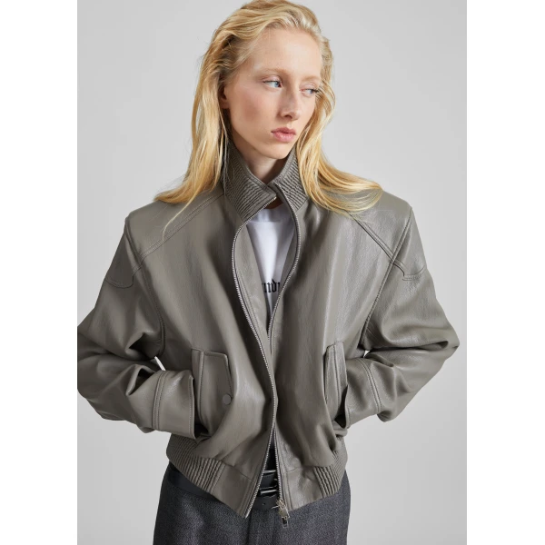 The Frankie Shop Belval Faux Leather Cropped Bomber Jacket in Grey, view 5