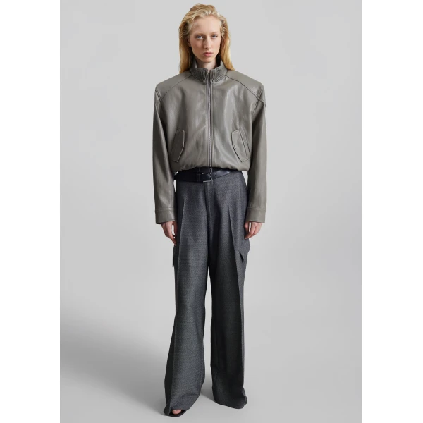 The Frankie Shop Belval Faux Leather Cropped Bomber Jacket in Grey, view 6