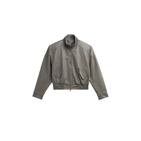 The Frankie Shop Belval Faux Leather Cropped Bomber Jacket in Grey