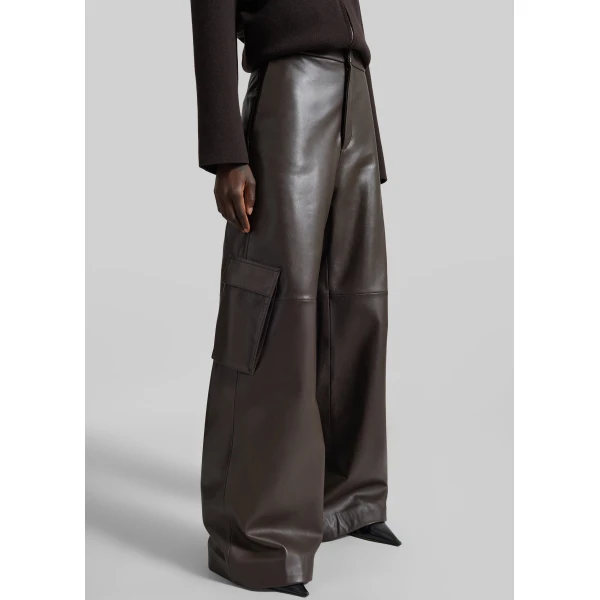 The Frankie Shop Boni Faux Leather Cargo Pants in Brown, view 3
