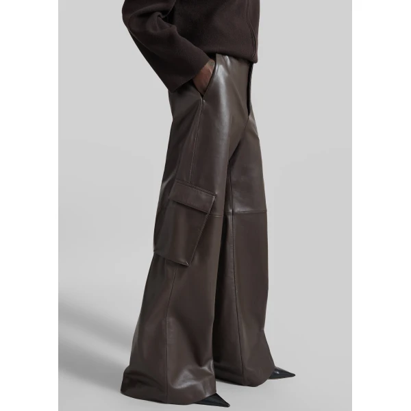 The Frankie Shop Boni Faux Leather Cargo Pants in Brown, view 6