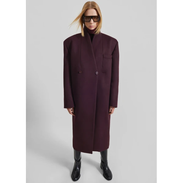The Frankie Shop Brea Collarless Coat in Burgundy, view 2