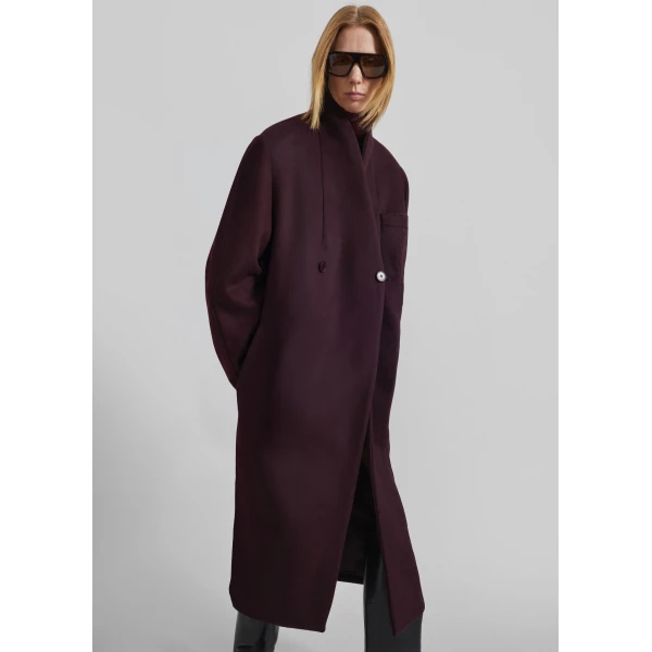 The Frankie Shop Brea Collarless Coat in Burgundy, view 4