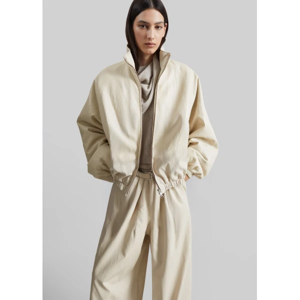 The Frankie Shop Cloud Faux Leather Bomber Jacket in Ecru, view 5