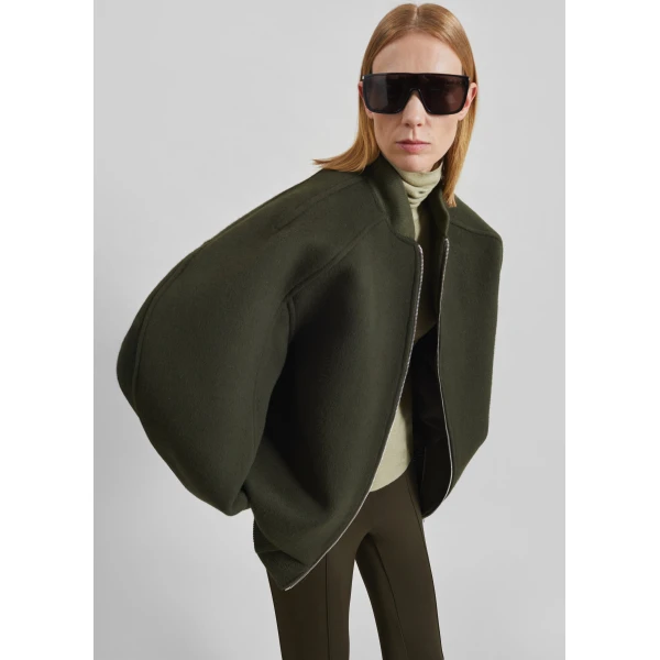The Frankie Shop Elinor Oversized Bomber Jacket in Dark Olive, view 2