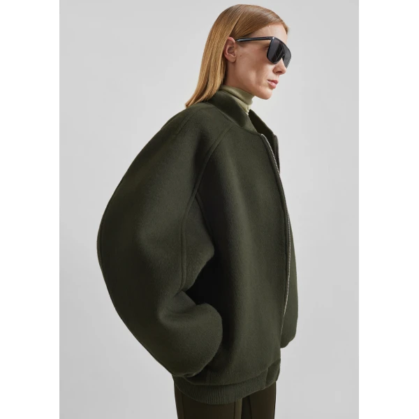 The Frankie Shop Elinor Oversized Bomber Jacket in Dark Olive, view 4