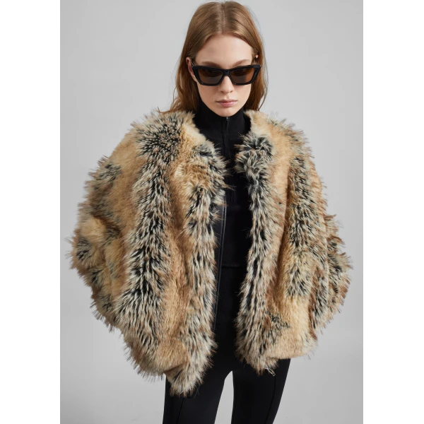 The Frankie Shop Gina Faux Fur Bomber Jacket in Beige Combo, view 2