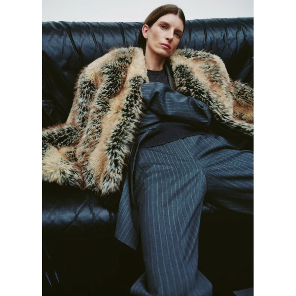 The Frankie Shop Gina Faux Fur Bomber Jacket in Beige Combo, view 3
