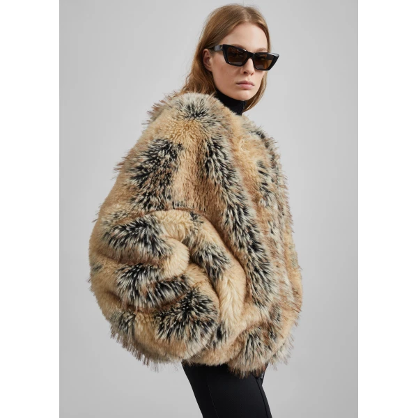 The Frankie Shop Gina Faux Fur Bomber Jacket in Beige Combo, view 4