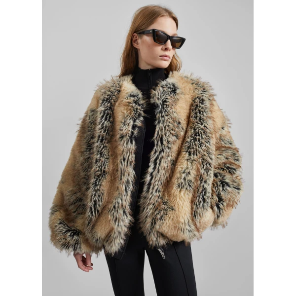 The Frankie Shop Gina Faux Fur Bomber Jacket in Beige Combo, view 5