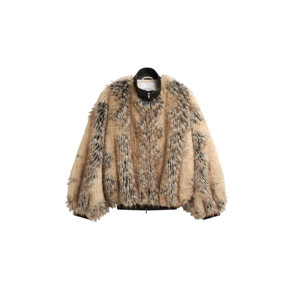The Frankie Shop Gina Faux Fur Bomber Jacket in Beige Combo