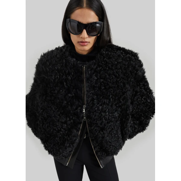 The Frankie Shop Gina Fur Bomber Jacket in Black, view 3