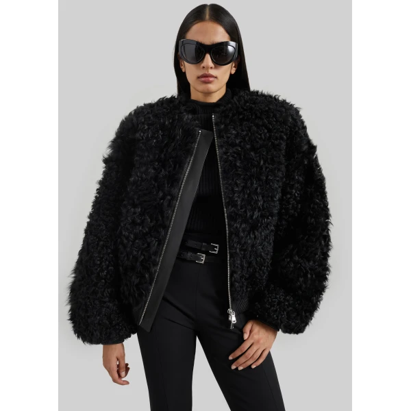 The Frankie Shop Gina Fur Bomber Jacket in Black, view 4
