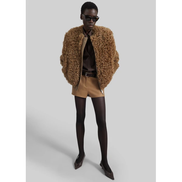The Frankie Shop Gina Fur Bomber Jacket in Camel, view 2