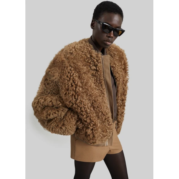 The Frankie Shop Gina Fur Bomber Jacket in Camel, view 5