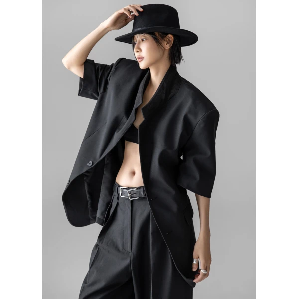 The Frankie Shop Ivora Short Sleeve Blazer in Black, view 6