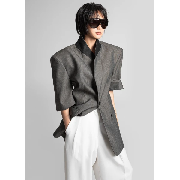 The Frankie Shop Ivora Short Sleeve Blazer in Dark Grey, view 3