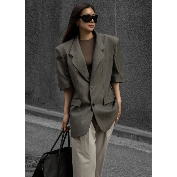 The Frankie Shop Ivora Short Sleeve Blazer in Dark Grey, view 4