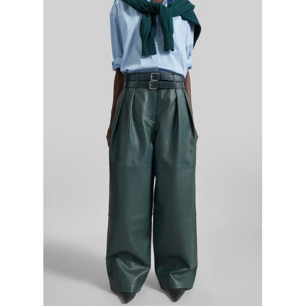 The Frankie Shop Jeva Faux Leather Double Belt Loop Trousers in Bottle Green, view 4