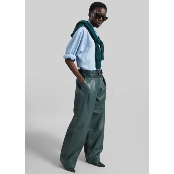 The Frankie Shop Jeva Faux Leather Double Belt Loop Trousers in Bottle Green, view 5
