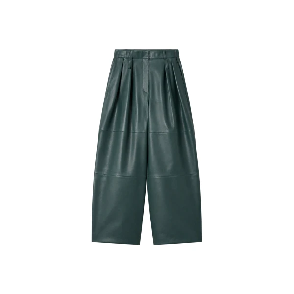 Jeva Faux Leather Double Belt Loop Trousers in Bottle Green