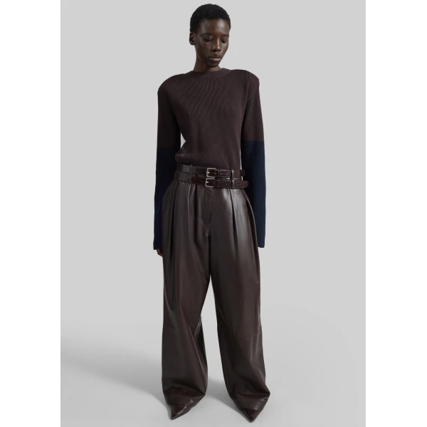 The Frankie Shop Jeva Faux Leather Double Belt Loop Trousers in Brown, view 2
