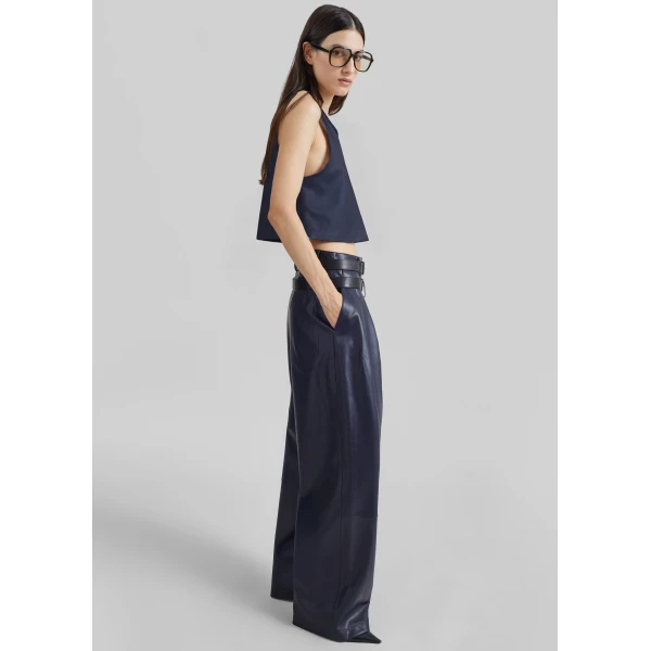 The Frankie Shop Jeva Faux Leather Double Belt Loop Trousers in Dark Navy, view 6
