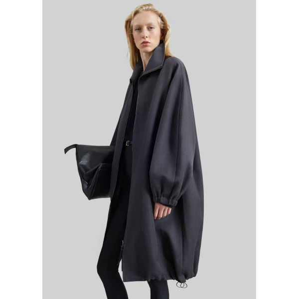 The Frankie Shop Joelle Zip-Up Overcoat in Dark Grey, view 3