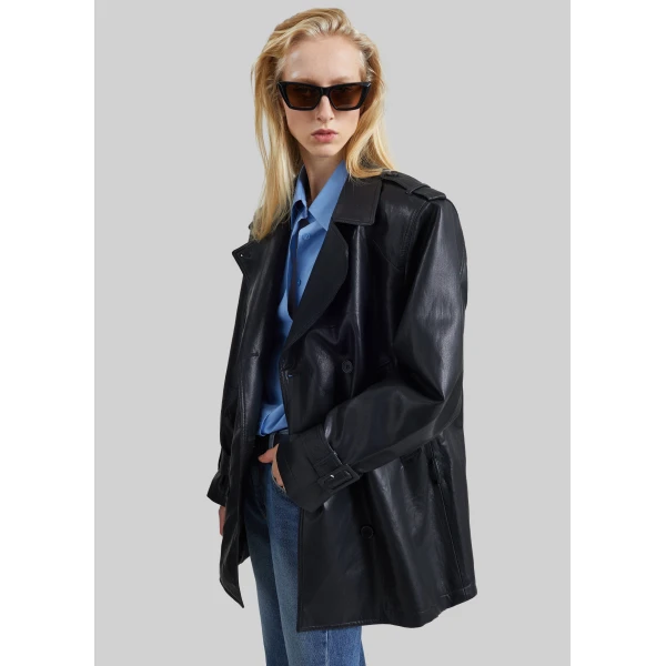 The Frankie Shop Limay Faux Leather Short Trench in Black, view 2
